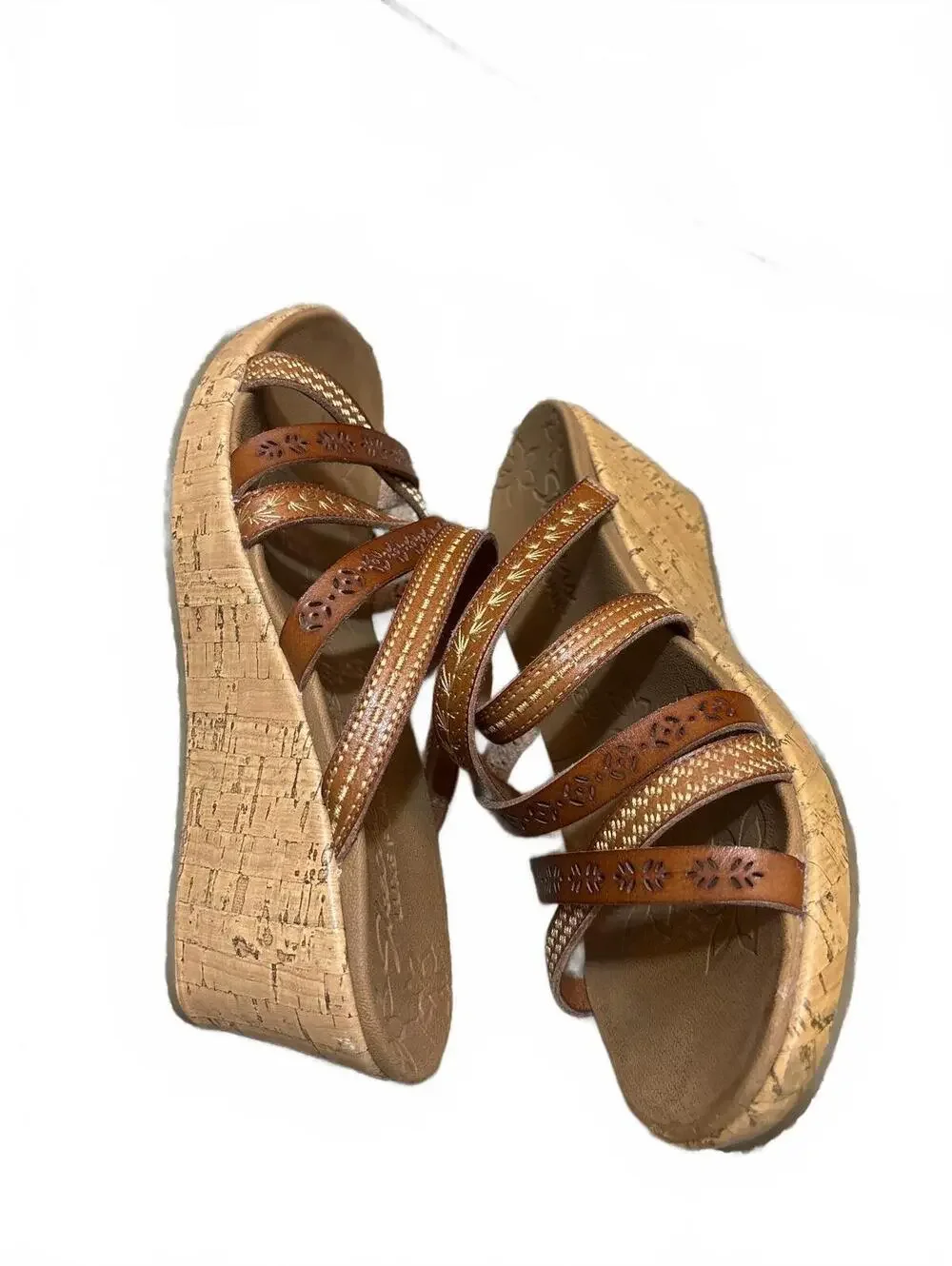 Skechers Cali Beverlee Tiger Posse Wedge Sandals Luxe Foam Strappy Brown US 8